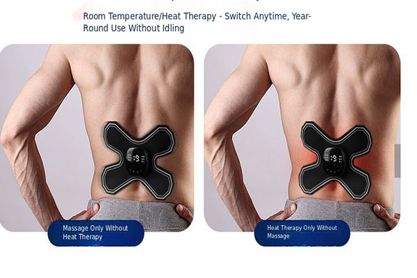 A person applying a modern heating pulse massage patch to their lower back