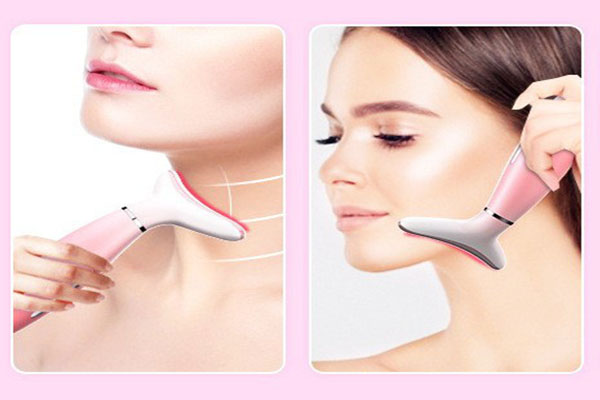 A sleek neck beauty device being used along a person's jawline