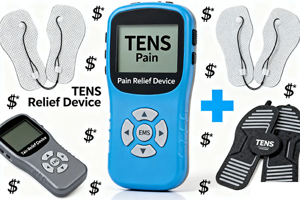 A collage of different TENS and EMS devices with market symbols like retail tags and medical crosses