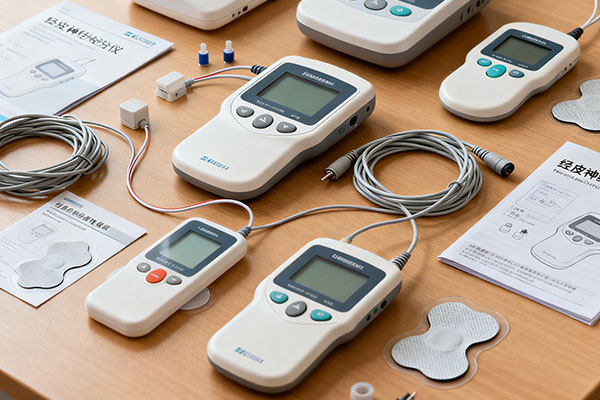 A variety of TENS and EMS machines on a table