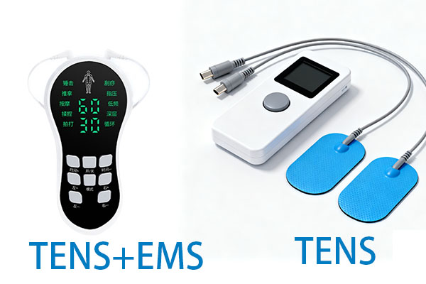 A simple TENS unit next to a more complex TENS EMS unit