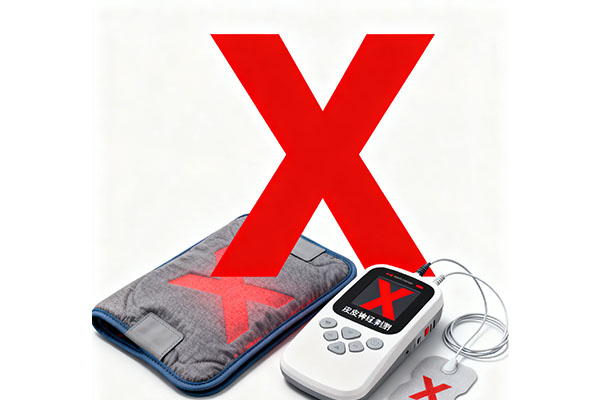 An image showing a heating pad and a TENS unit with a large red "X" through them