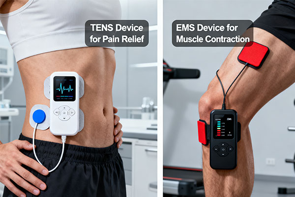 A simple split-screen image showing TENS for pain relief and EMS for muscle contraction