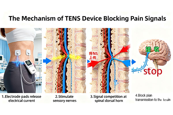 A diagram showing how a TENS device sends signals to block pain messages to the brain