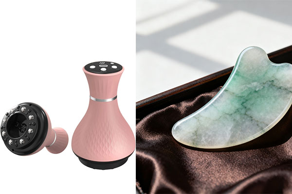 A photo comparing a traditional jade gua sha tool with a modern electric one