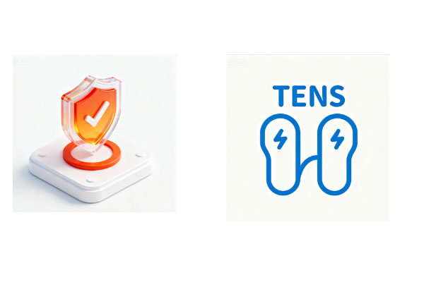 A simple two-step graphic showing a heat icon first, followed by a TENS icon