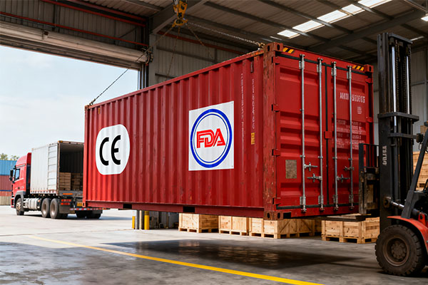 An illustration of a shipping container with CE and FDA logos on it, ready for export