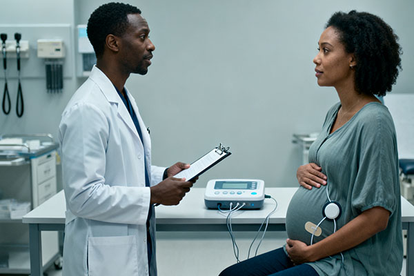 A pregnant woman talking with a doctor, with a TENS device on the table