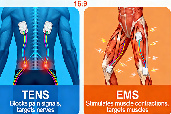 Side-by-side comparison of TENS nerve stimulation and EMS muscle contraction