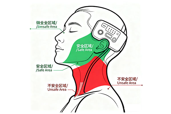 A diagram showing the safe (green) and unsafe (red) zones for using a microcurrent device on the neck