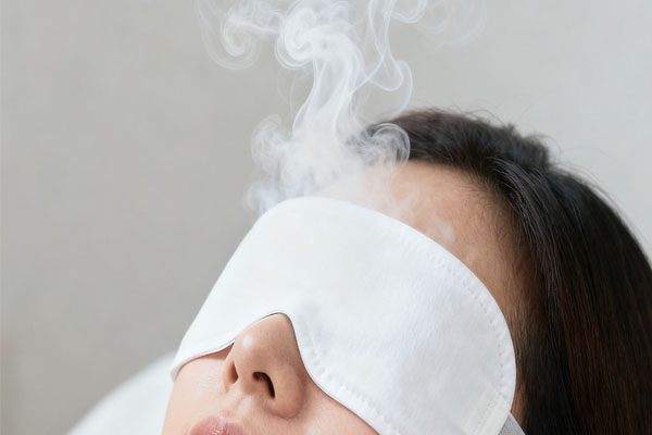 A person using a gentle steam eye mask, showing visible warm vapor